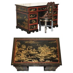 VINTAGE CHiNESE CHINOISERIE DECORATED PAINTED & LACQUERED PEDESTAL DESK & CHAIR
