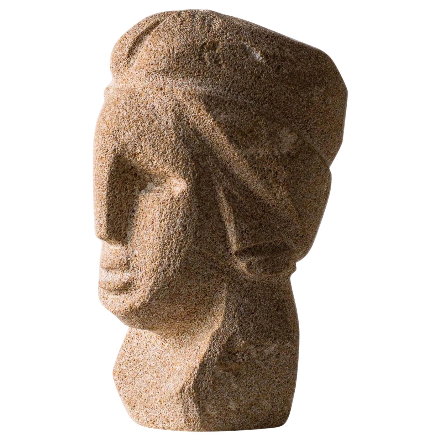 Carved Stone Head Sculpture french work 1970's For Sale