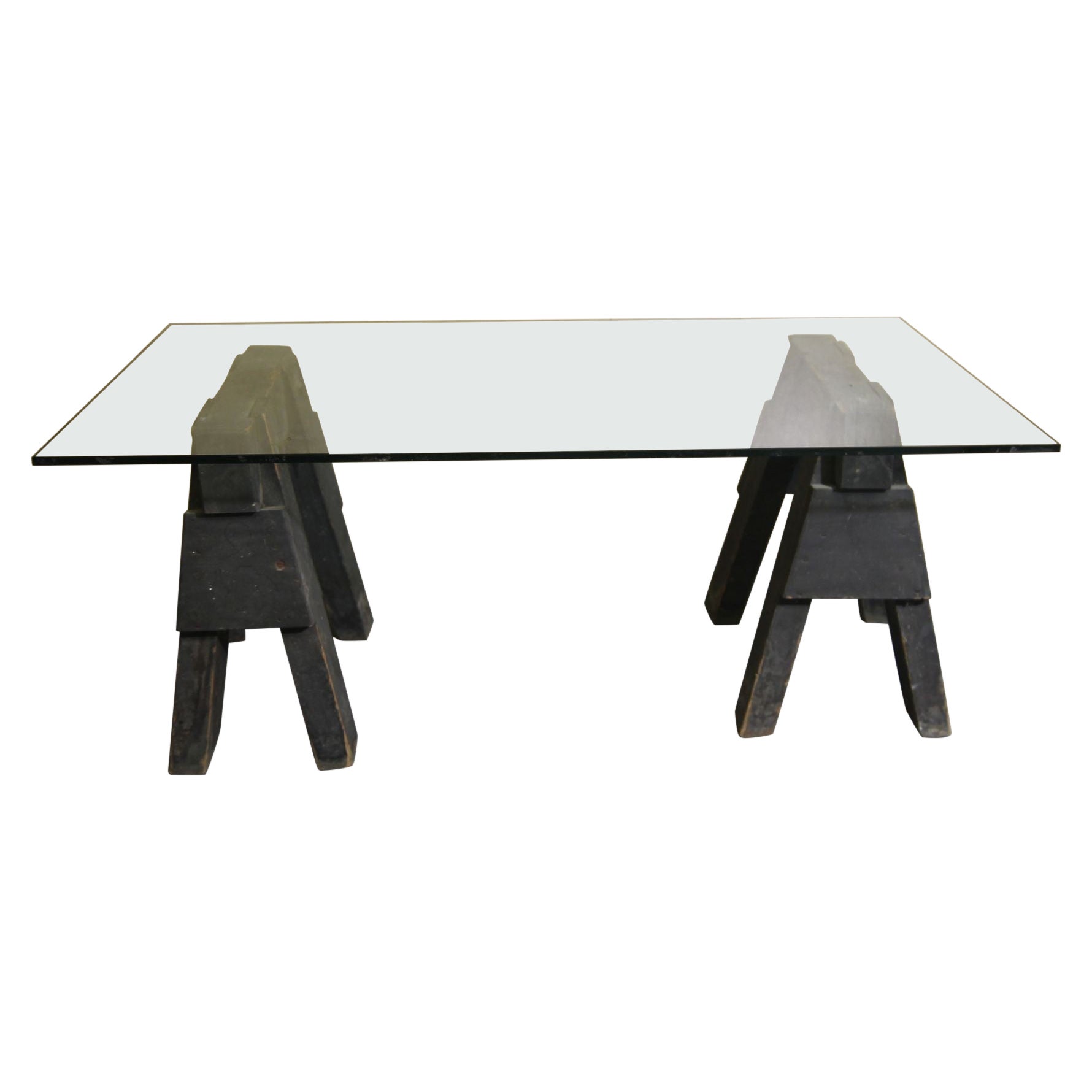 Industrial sawhorses and glass coffee table For Sale