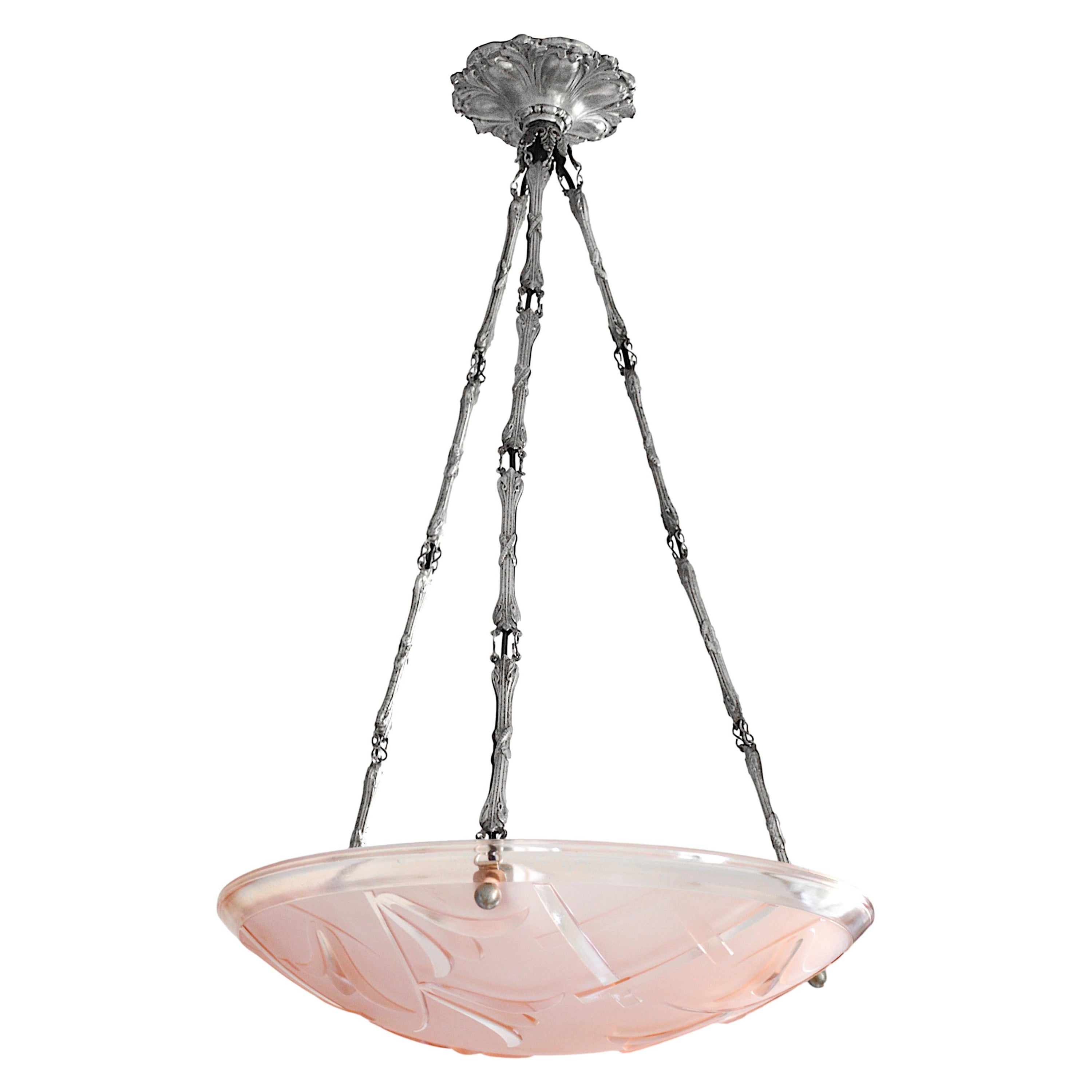 Degue French Art Deco Pink Pendant Chandelier, Late 1920s For Sale