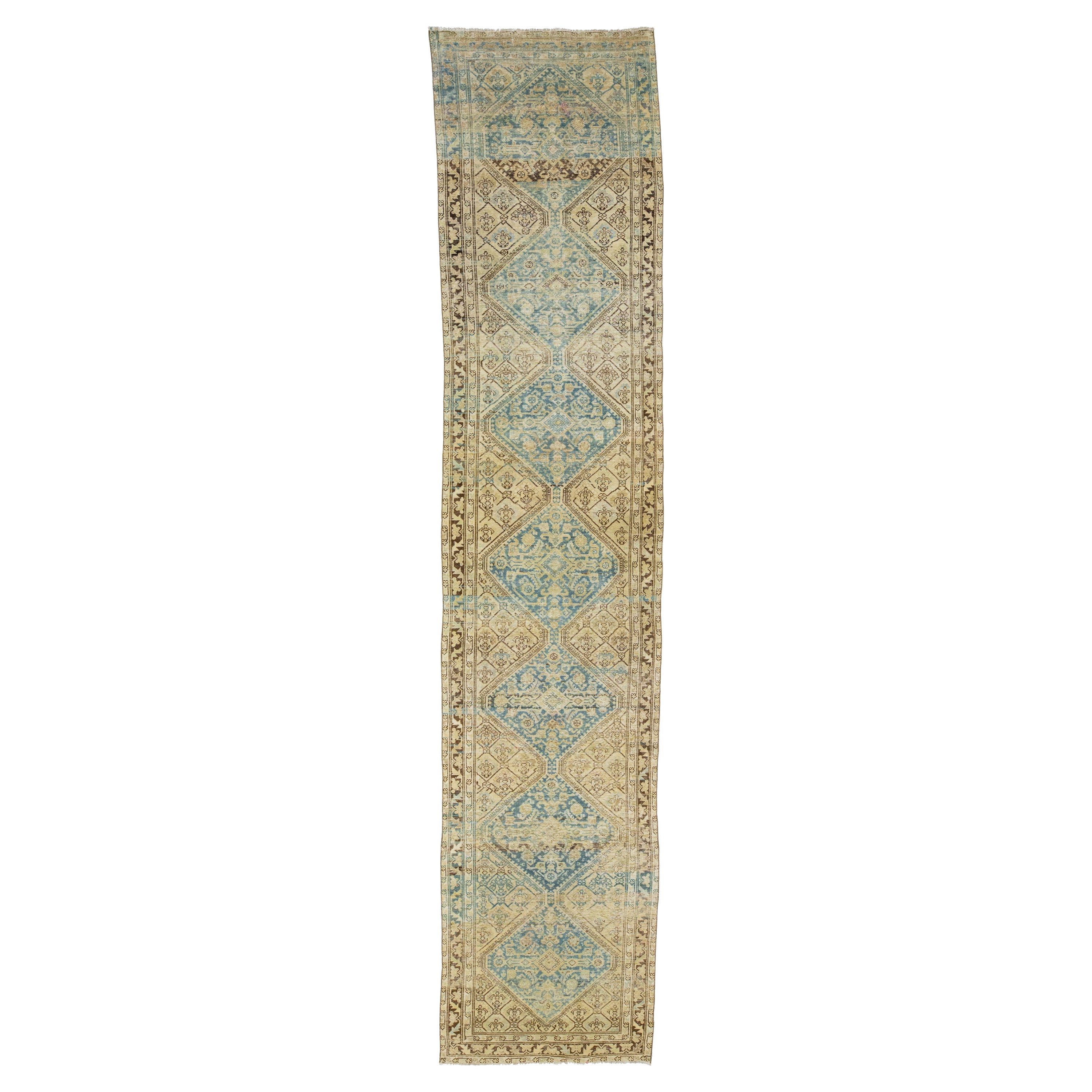 1920s Persian Malayer Wool Runner with Tribal Design In Blue