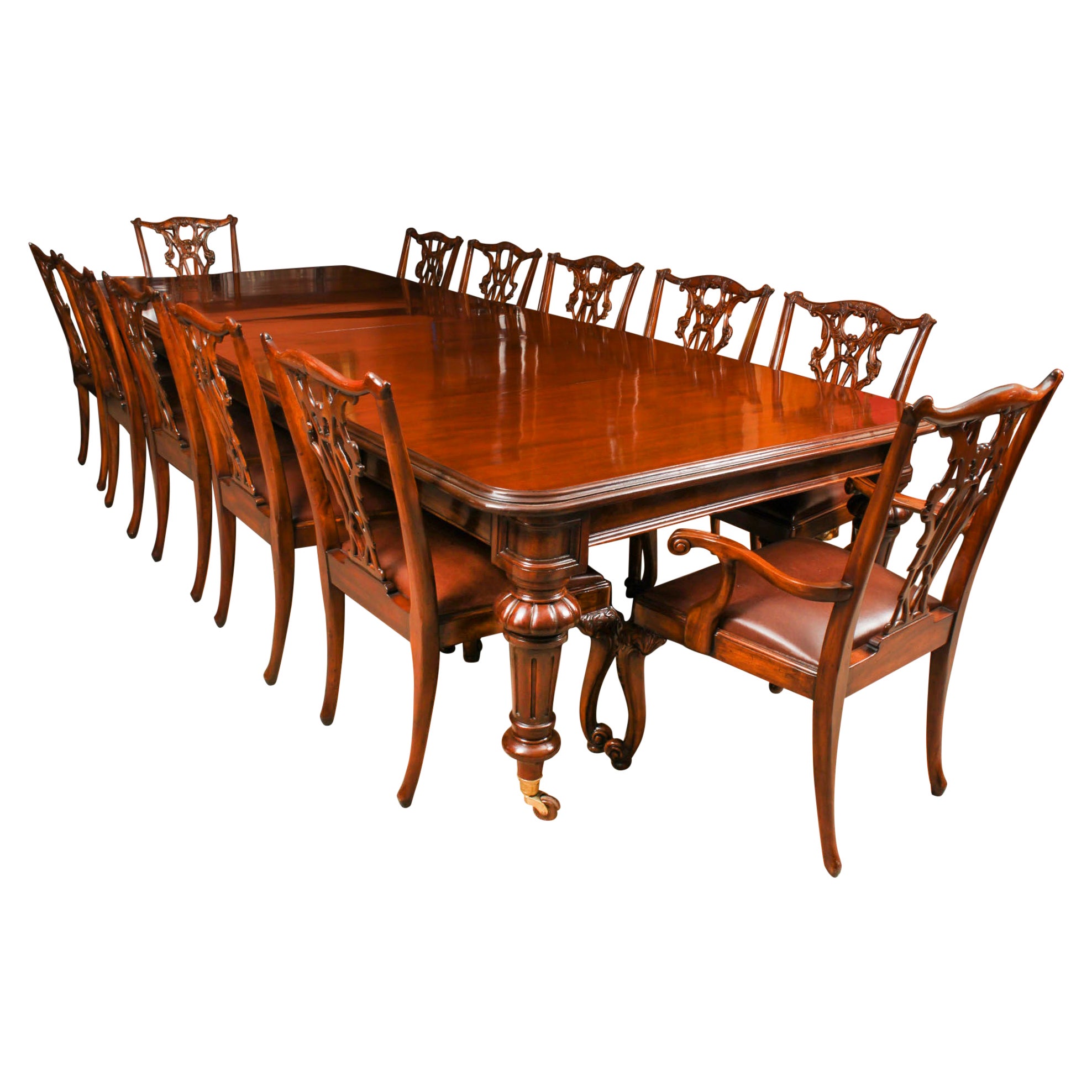 Antique 19th C 12ft Flame Mahogany Extending Dining Table & 12 chairs