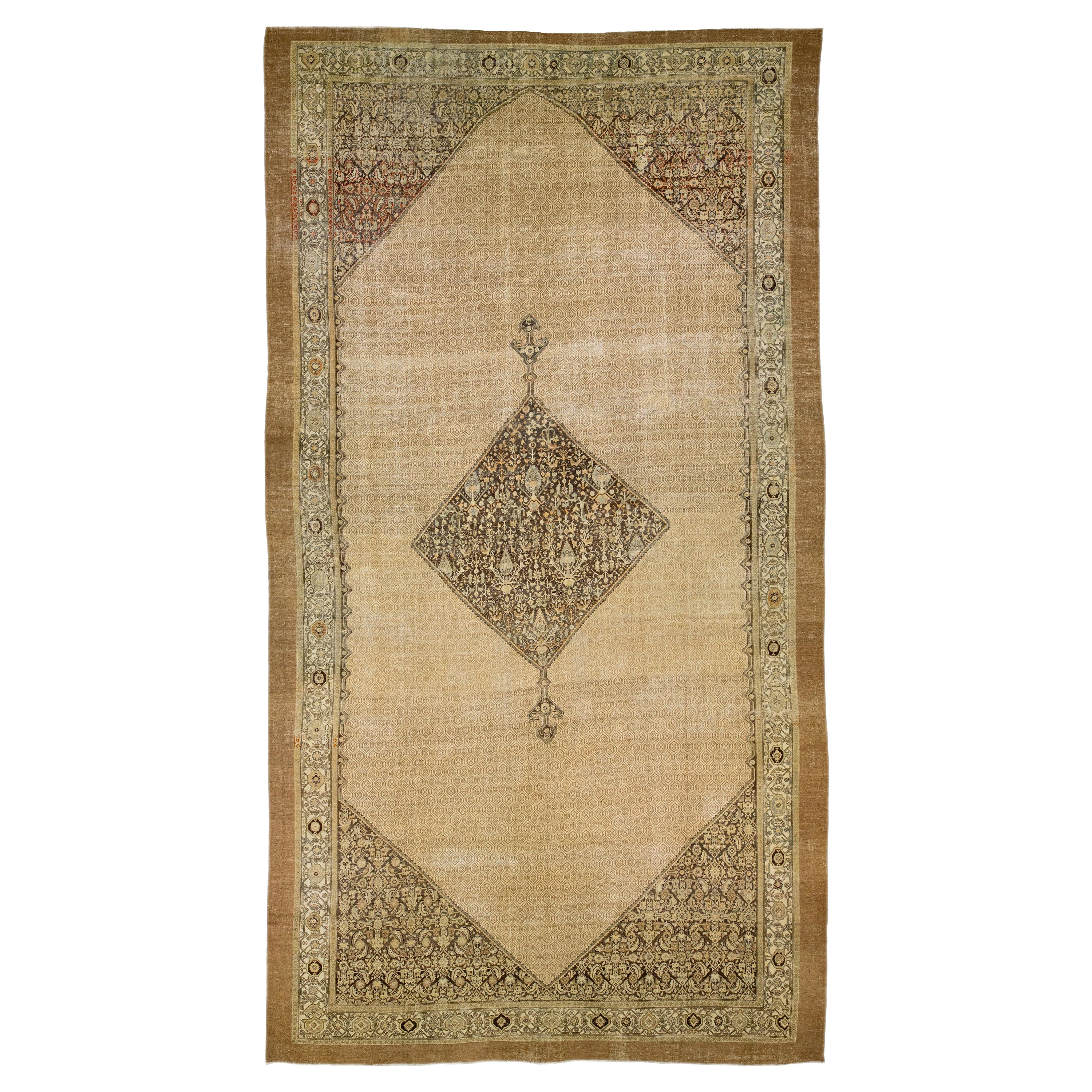 Beige 1900s Hamadan Persian Gallery Wool Rug with Medallion Design 