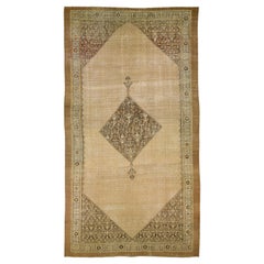 Beige 1900s Hamadan Persian Gallery Wool Rug with Medallion Design