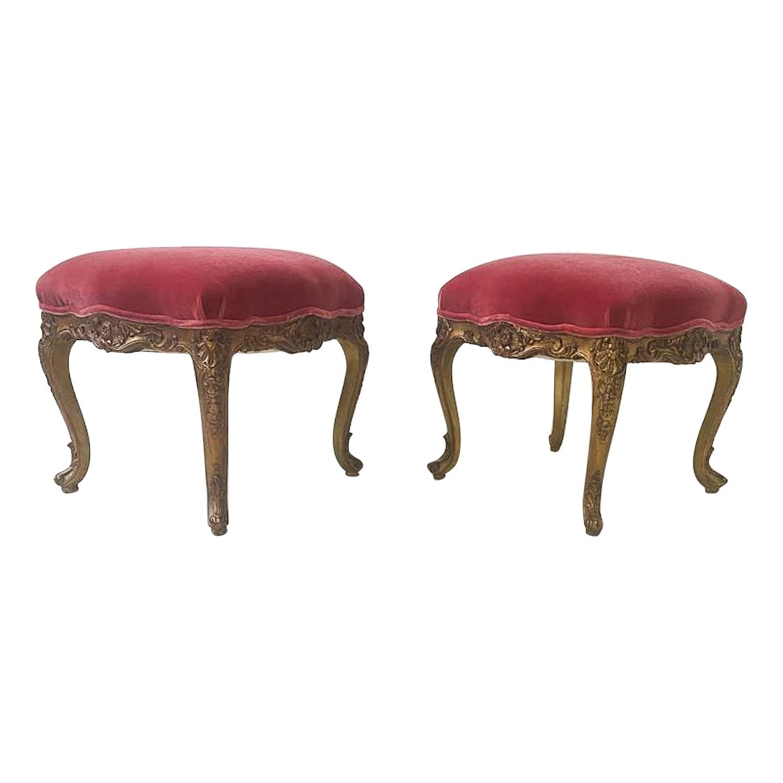 Contemporary Pair of Stools Louis XV Style, Red Velvet, Belgium For Sale