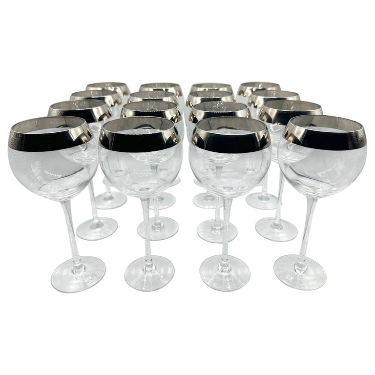 Silver Rimmed Wine Goblets, Set of 6 Lead Crystal Greek Key Design