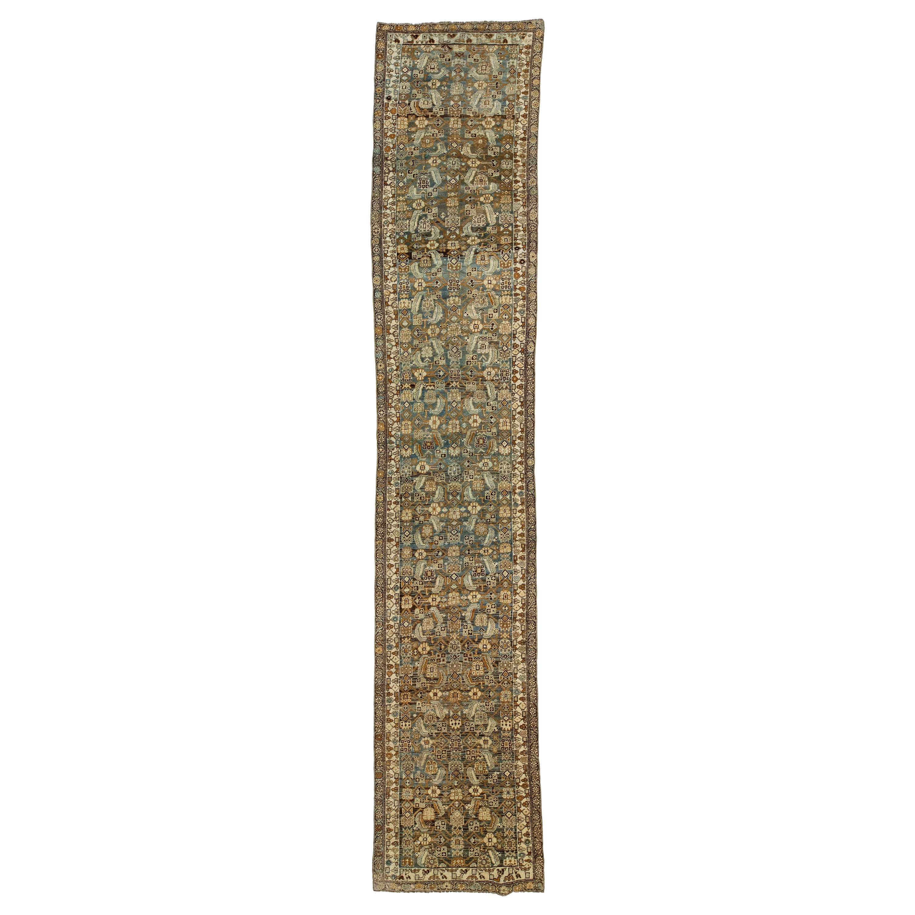 Allover Antique Persian Bidjar Handmade Wool Runner In Brown And Blue For Sale