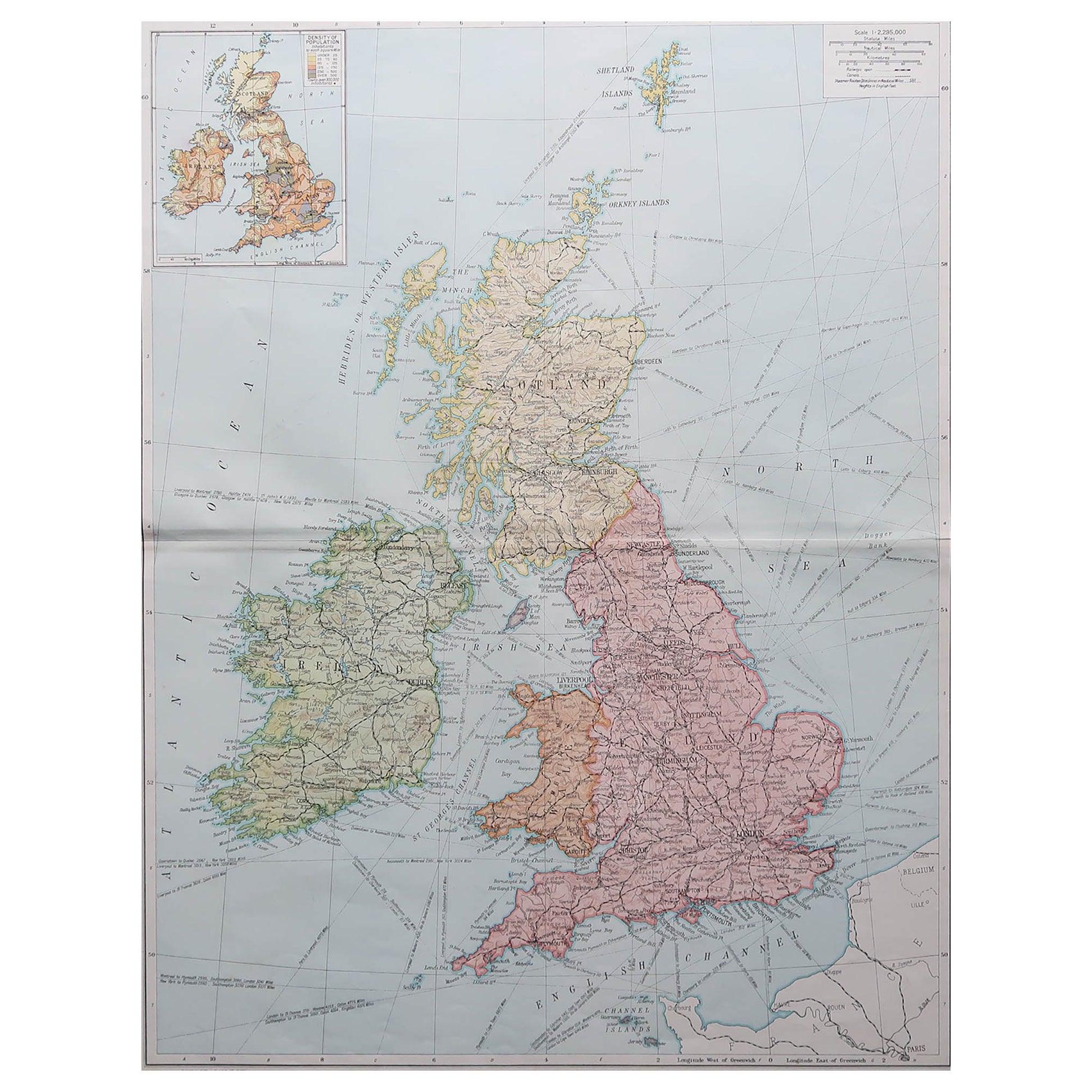 Large Original Vintage Map of The United Kingdom, circa 1920 For Sale