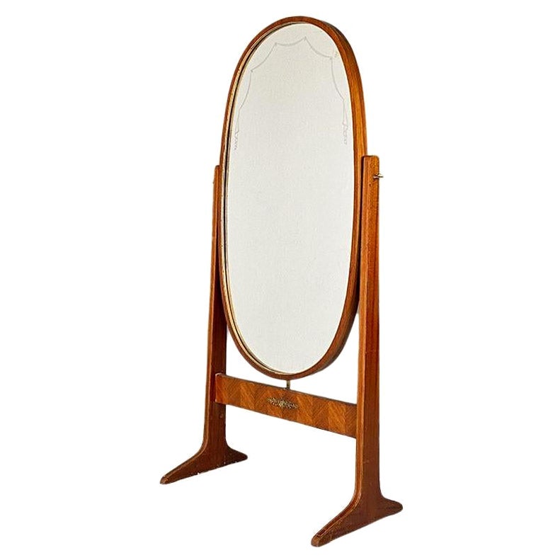 Italian mid century modern full-length mirror, wooden tilting structure, 1950s For Sale