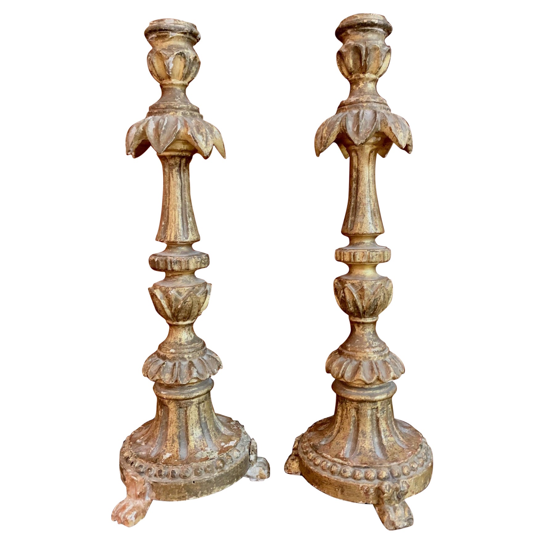 Pair of 18th  Century Spanish Carved Giltwood  Candlestick  Torchere  For Sale