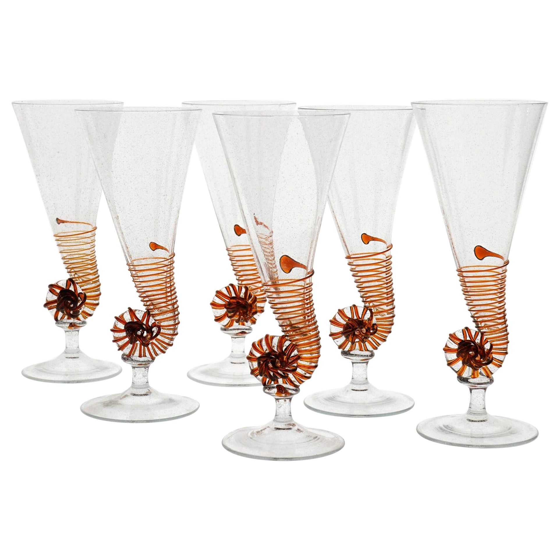 Six Cenedese Nautilus Flutes, Amber and Pulegoso Murano Glass, Signed For Sale