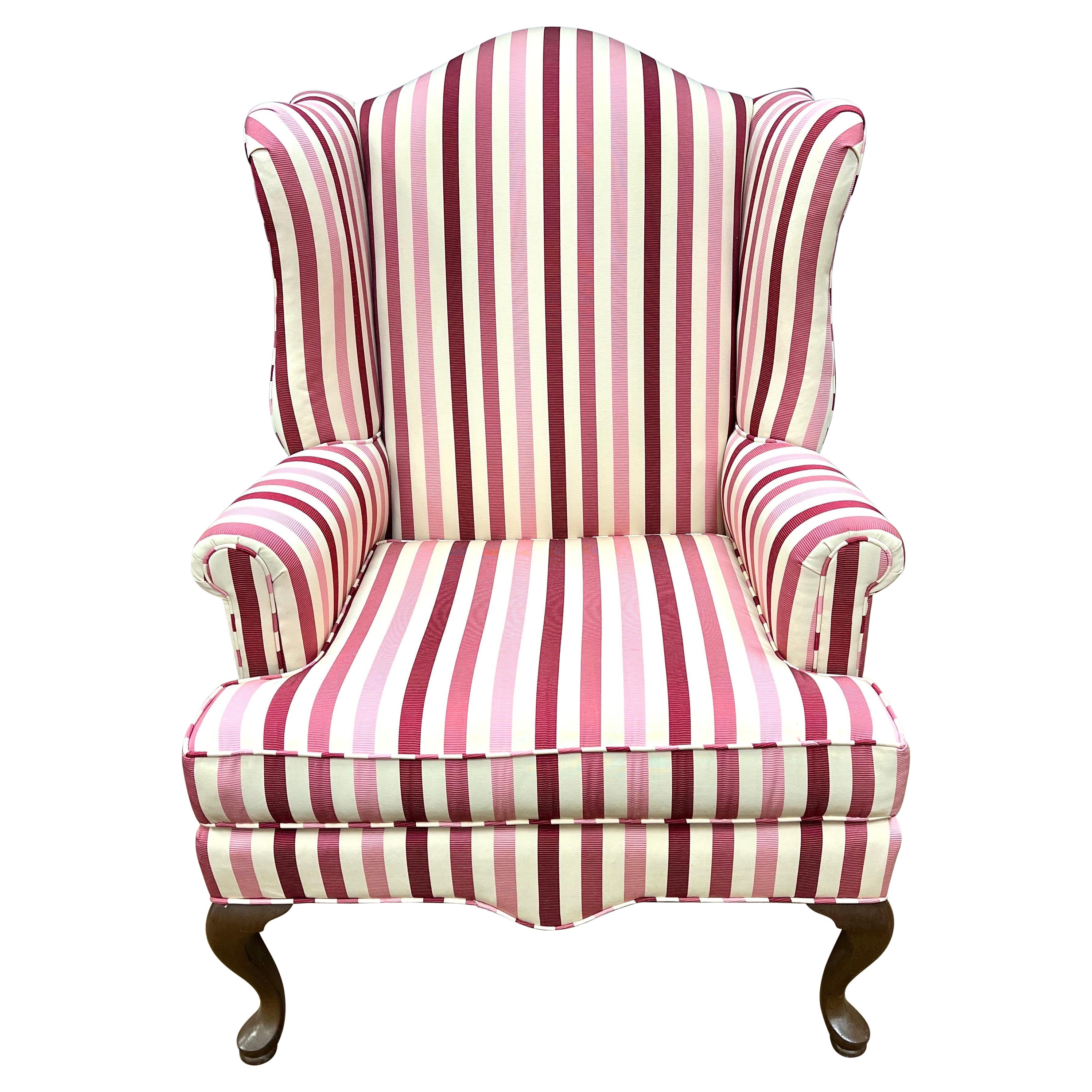 Classic Custom Wingback Chair with New Pink Striped Upholstery