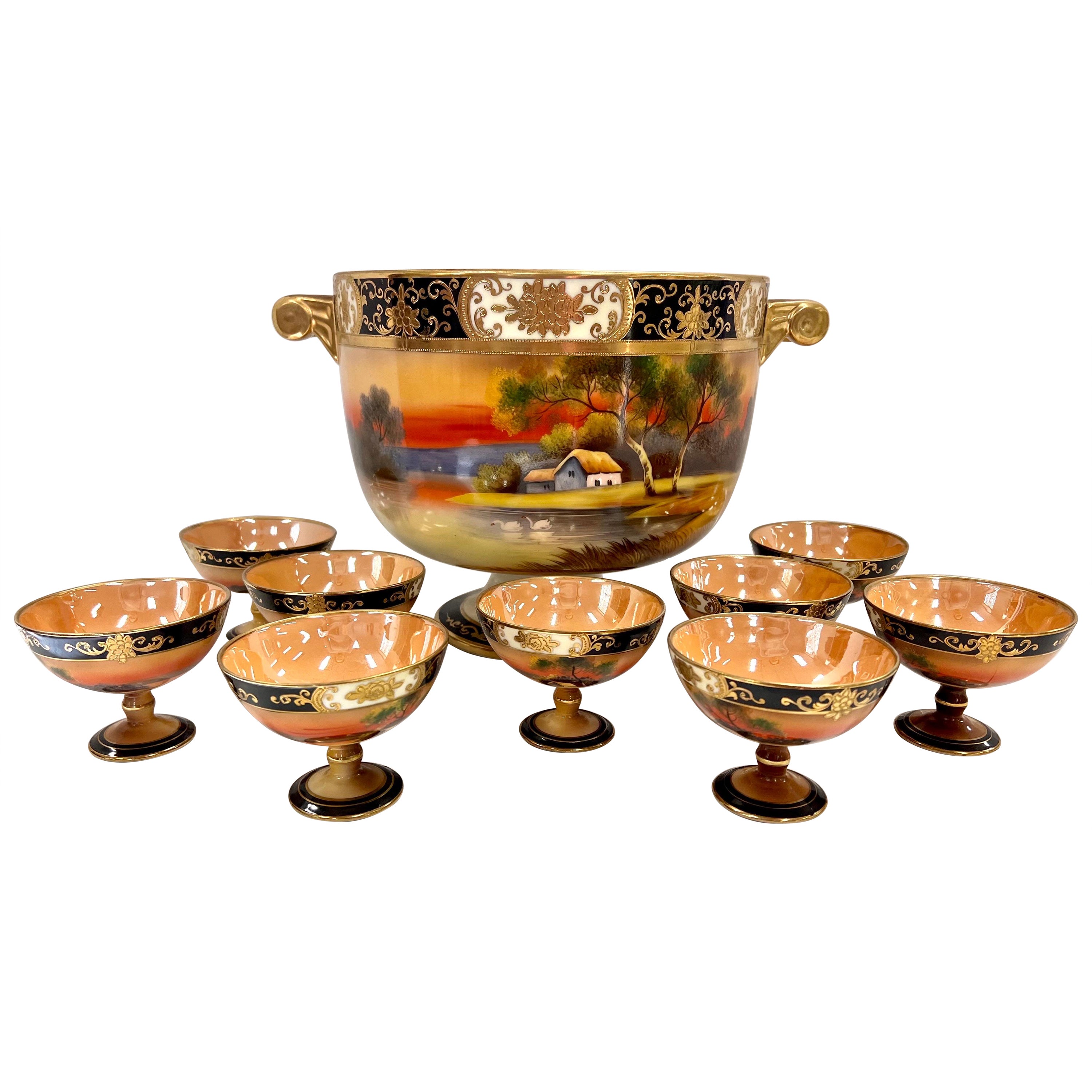 Large Noritake Handpainted Lusterware Punch Bowl Set with Nine Matching Cups For Sale