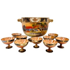 Antique Large Noritake Handpainted Lusterware Punch Bowl Set with Nine Matching Cups