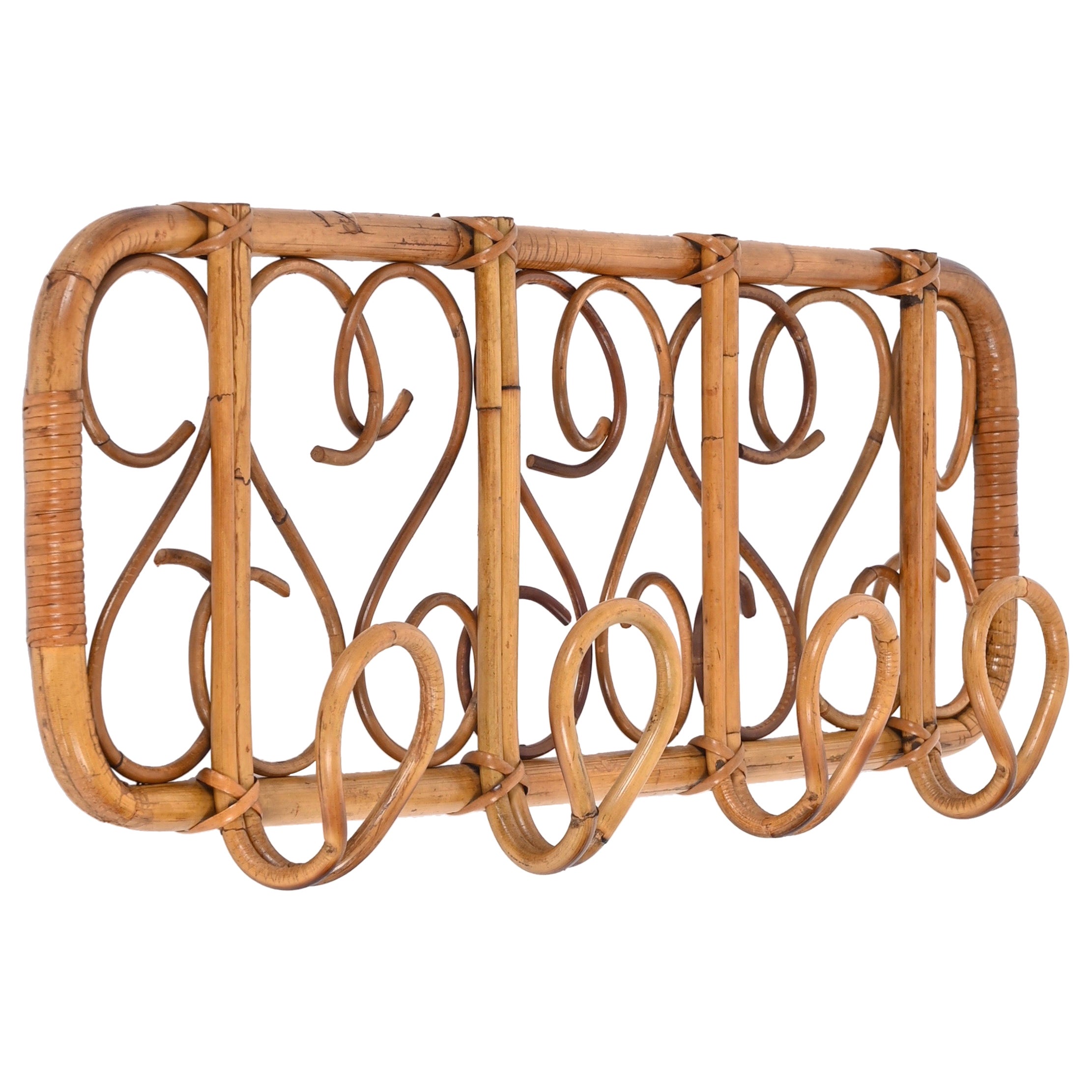 Midcentury French Riviera Rattan, Wicker, Curved Bamboo Coat Rack, Italy 1960s For Sale