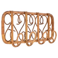 Vintage Midcentury French Riviera Rattan, Wicker, Curved Bamboo Coat Rack, Italy 1960s
