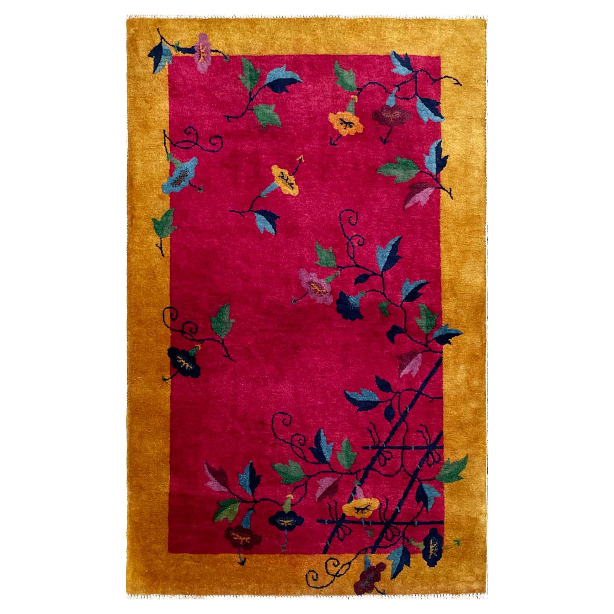 Antique Art Deco Chinese Rug, Flower lovers, 3'1" x 4'10" #17451, c-1920's For Sale