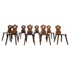 Antique Set of 8 Tyrolean Style Mid-Century Brutalist Organic Carved Dark Oak Chairs
