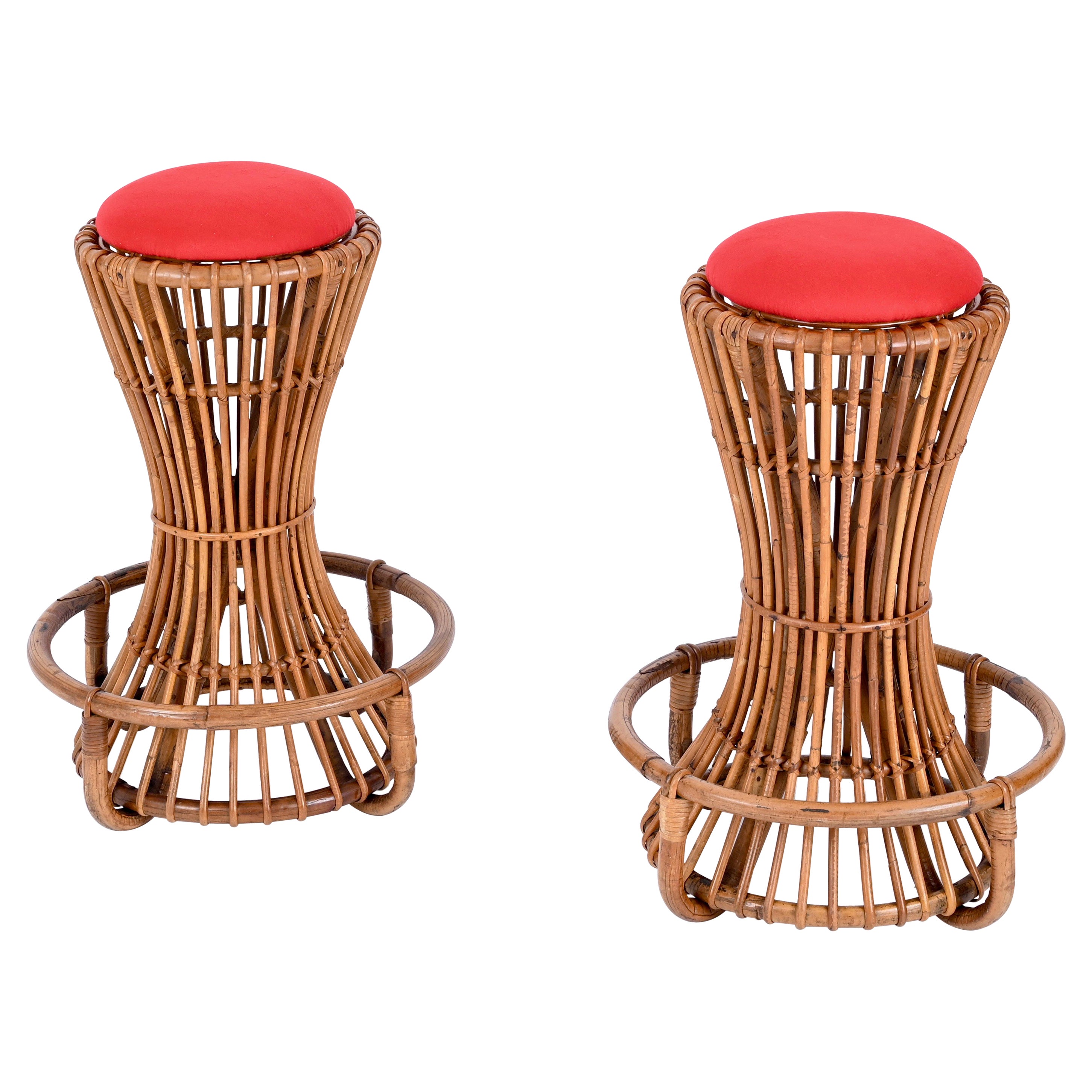 Pair of Rattan Bar Stools by Tito Agnoli for Bonacina, Italy 1950s