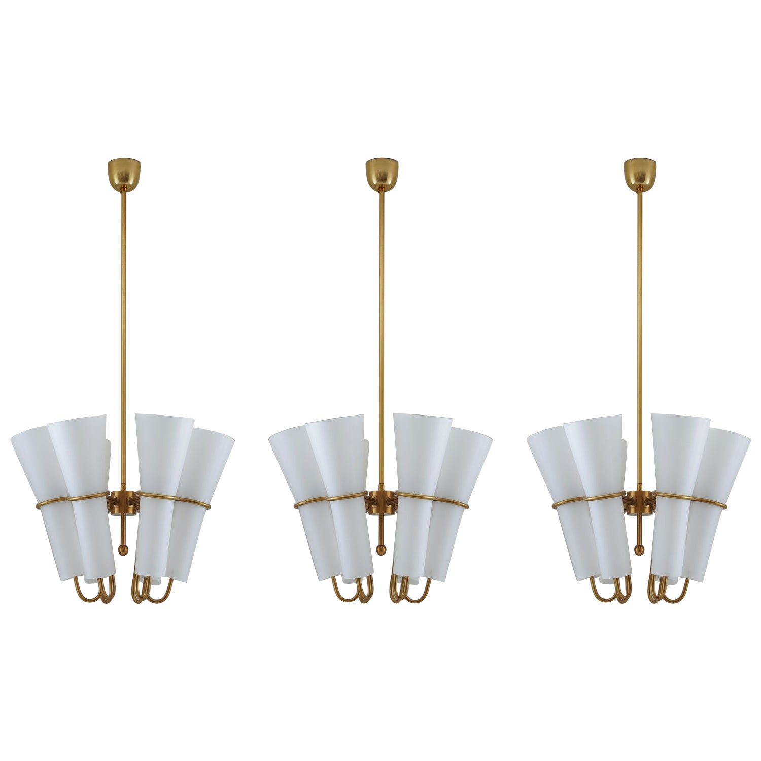Chandelier in Brass and Opaline Glass by Hans-Agne Jakobsson For Sale