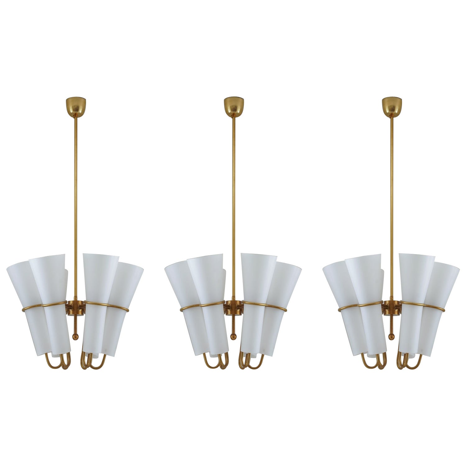 Chandelier in Brass and Opaline Glass by Hans-Agne Jakobsson