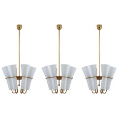 Chandelier in Brass and Opaline Glass by Hans-Agne Jakobsson