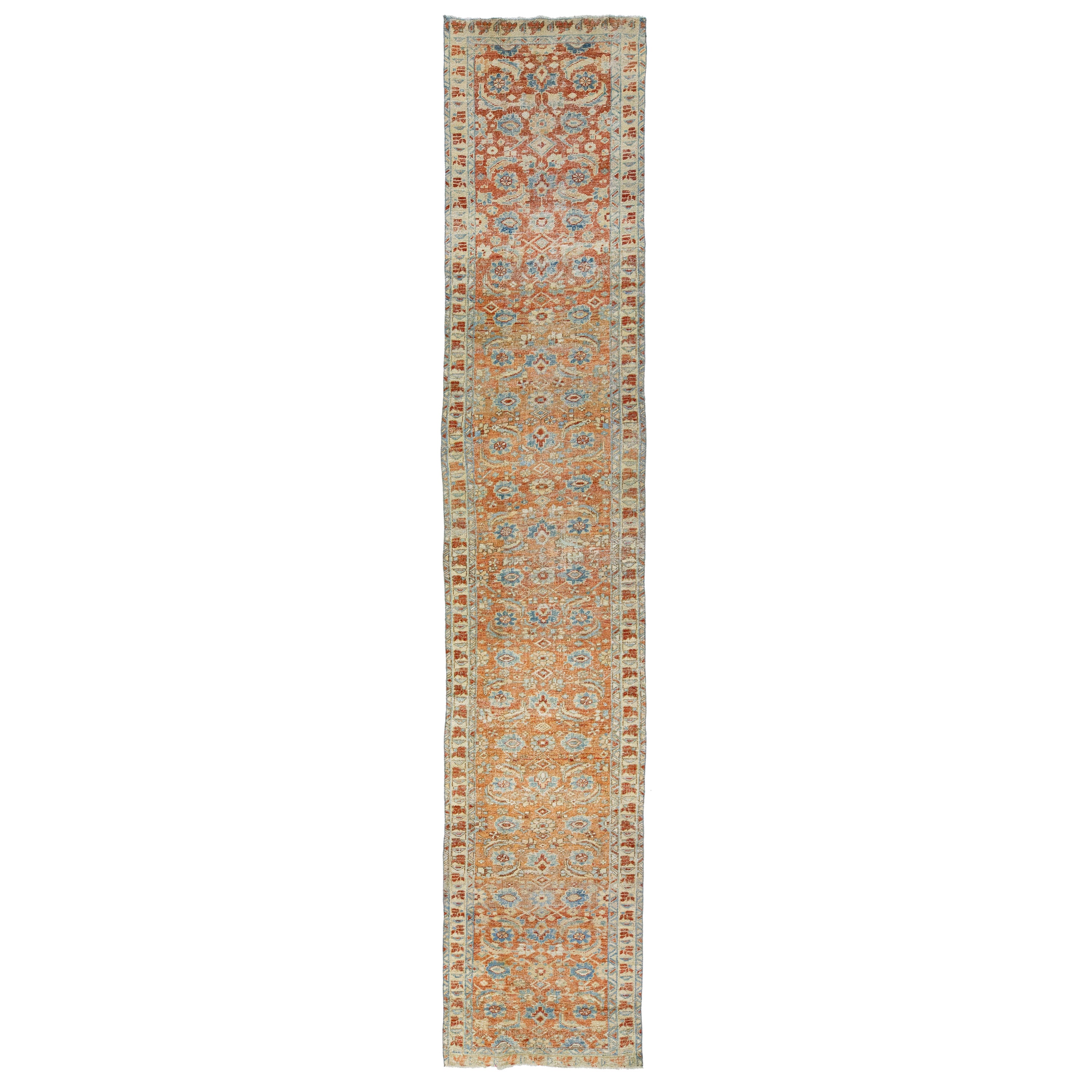 1920s Floral Antique Heriz Handmade Wool Runner with Rust Field For Sale