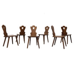 Vintage Set of 6 Tyrolean Style Mid-Century Brutalist Organic Carved Dark Oak Chairs