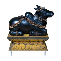Vintage Carved Wood Sculpture of the Hindu Deity Nandi With Pedestal, Circa 1920