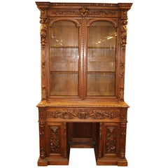 19th Century Oak Renaissance Revival Figural Secretary Desk Cabinet