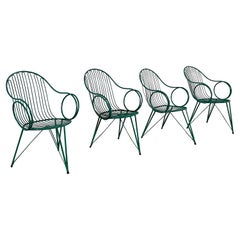 Used Metal Three-Legged Garden Chair Set, France, 1940s