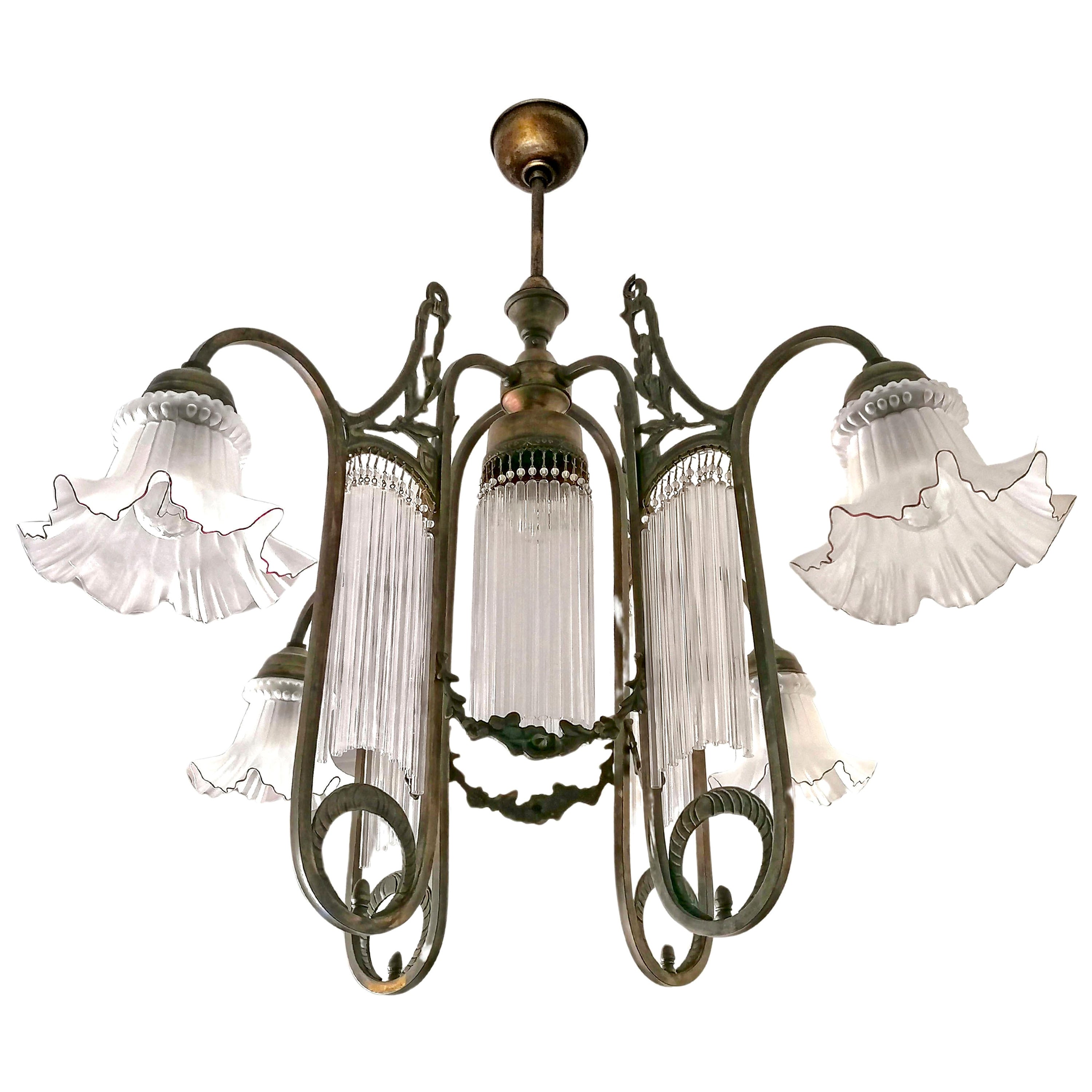 French Art Nouveau Art Deco Chandelier w Garlands and Beaded Glass Straw Fringes For Sale