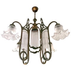 Vintage French Art Nouveau Art Deco Chandelier w Garlands and Beaded Glass Straw Fringes