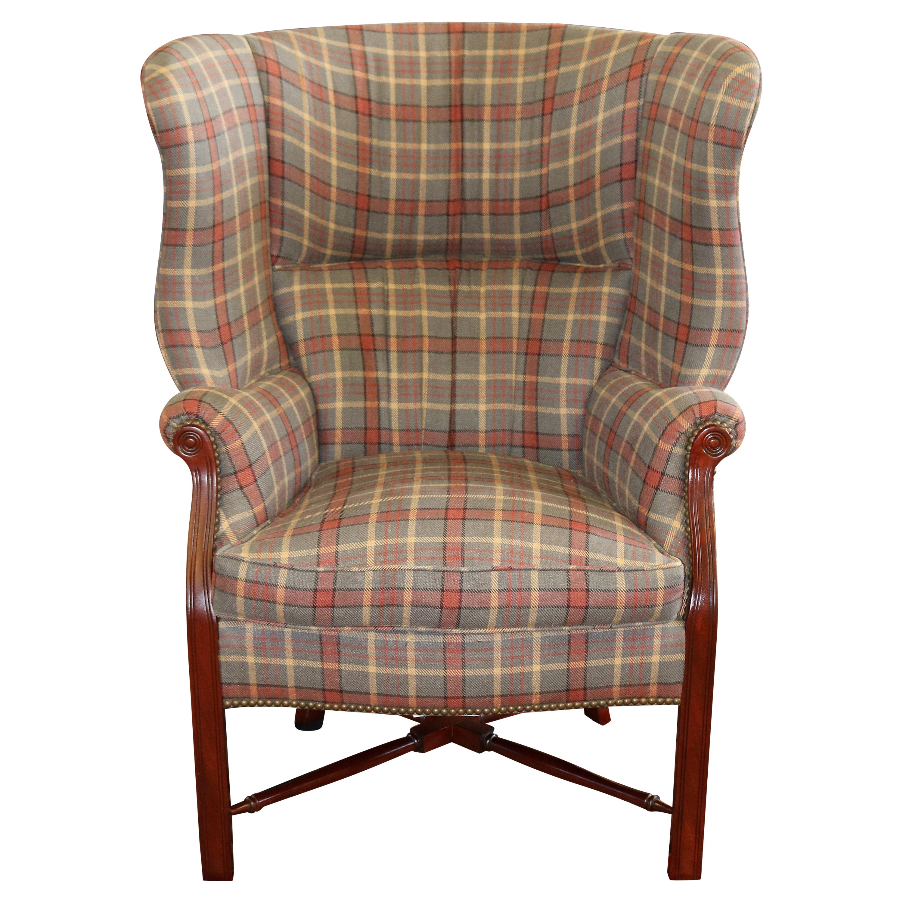 Theodore Alexander TRS Upholstery Mahogany Striped Fabric Fireside Wing Chair