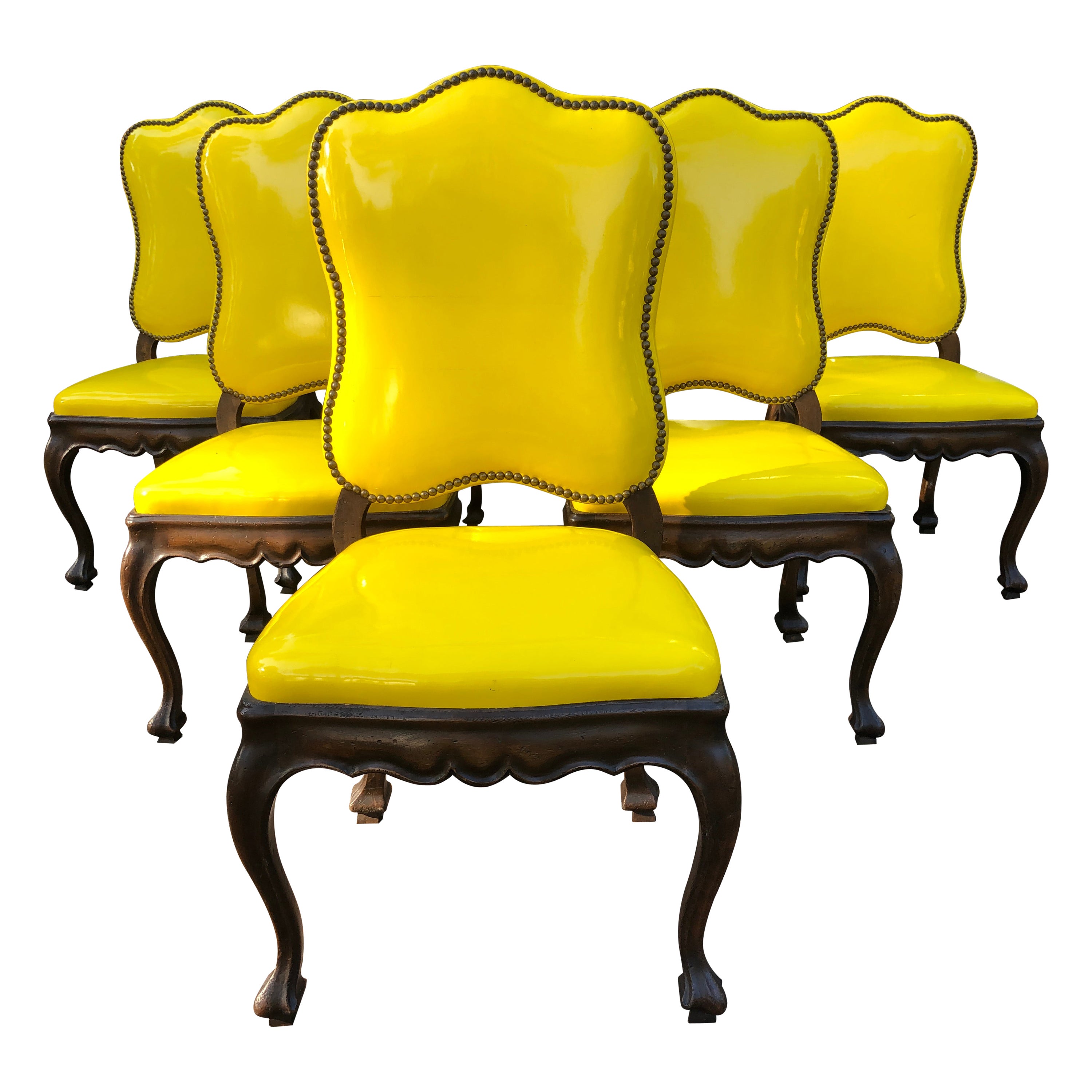 Exciting Set of 6 French Provincial Yellow Patent Leather Dining Chairs  For Sale