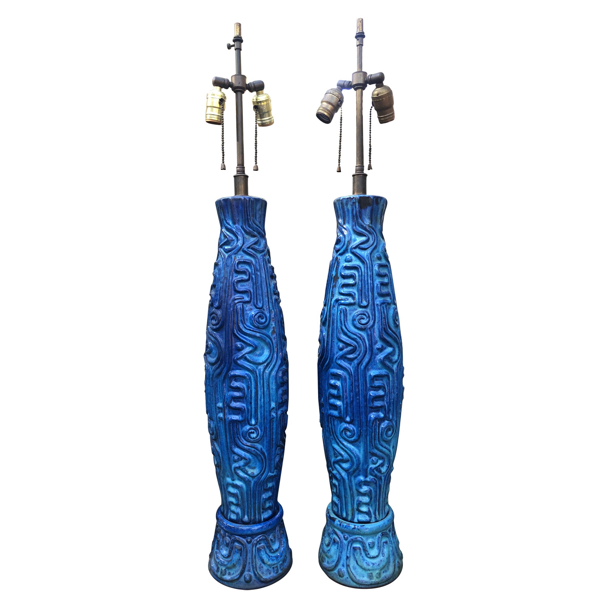 Spectacular Pair XL Textured Blue Bitossi Style Ceramic Lamp Mid-Century Modern For Sale