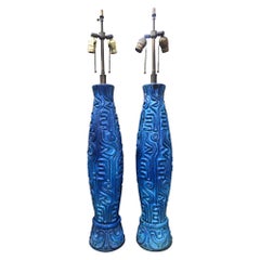 Vintage Spectacular Pair XL Textured Blue Bitossi Style Ceramic Lamp Mid-Century Modern