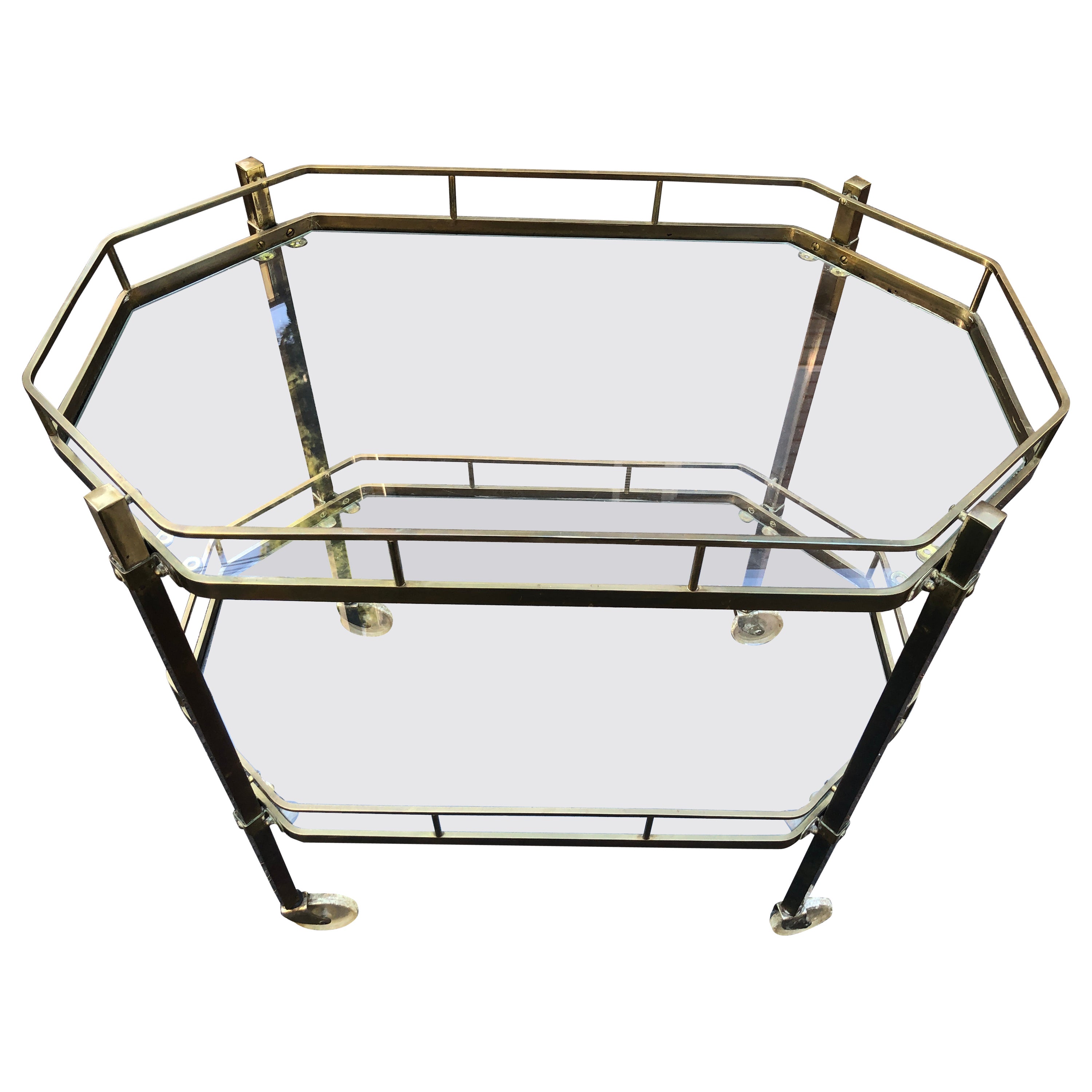 Handsome French Octagonal Brass Rolling Bar Cart Mid-Century Modern For Sale