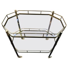 Vintage Handsome French Octagonal Brass Rolling Bar Cart Mid-Century Modern