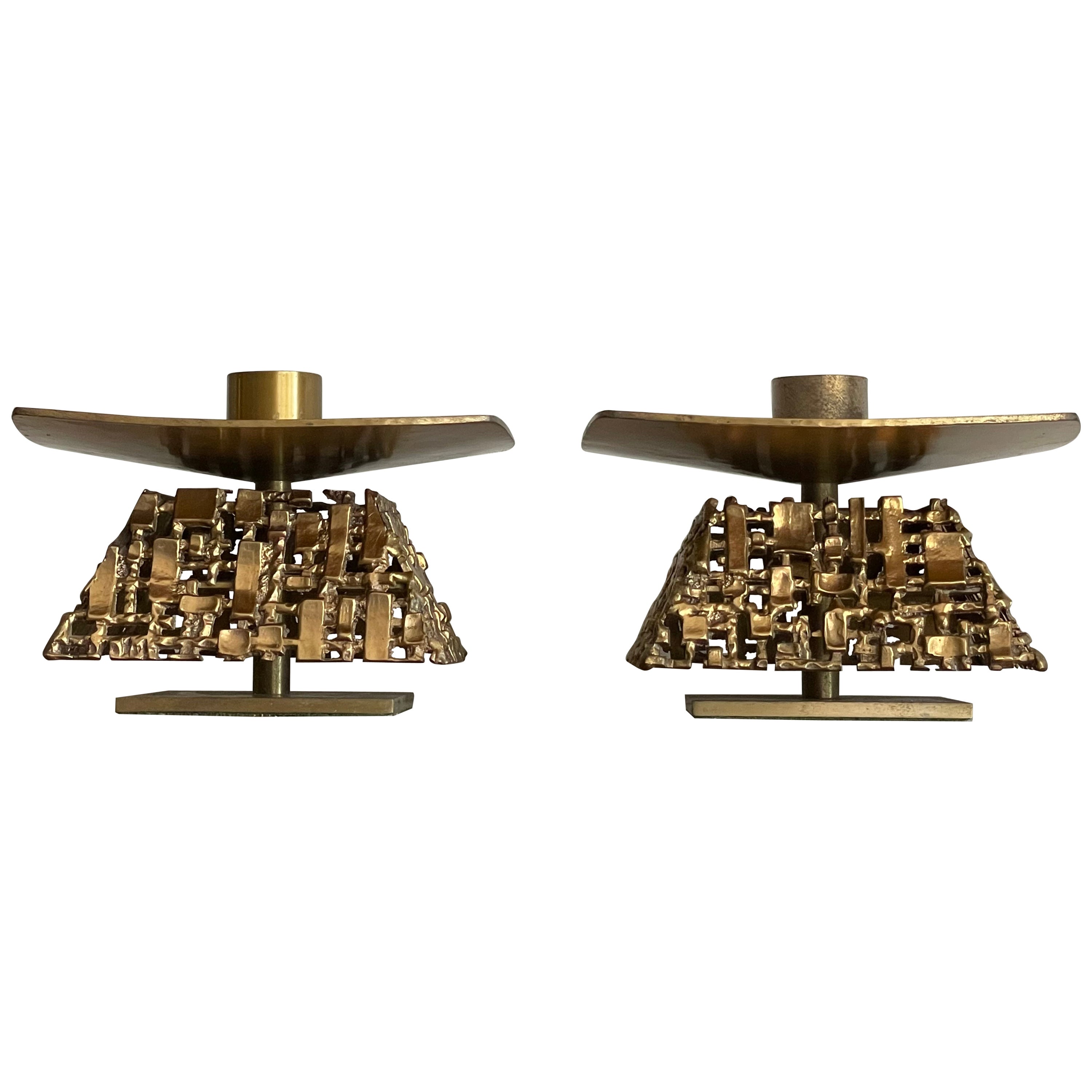 1960s Sculpted Brass Oversized Brutalist Candle Holders  For Sale