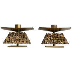 Retro 1960s Sculpted Brass Oversized Brutalist Candle Holders 