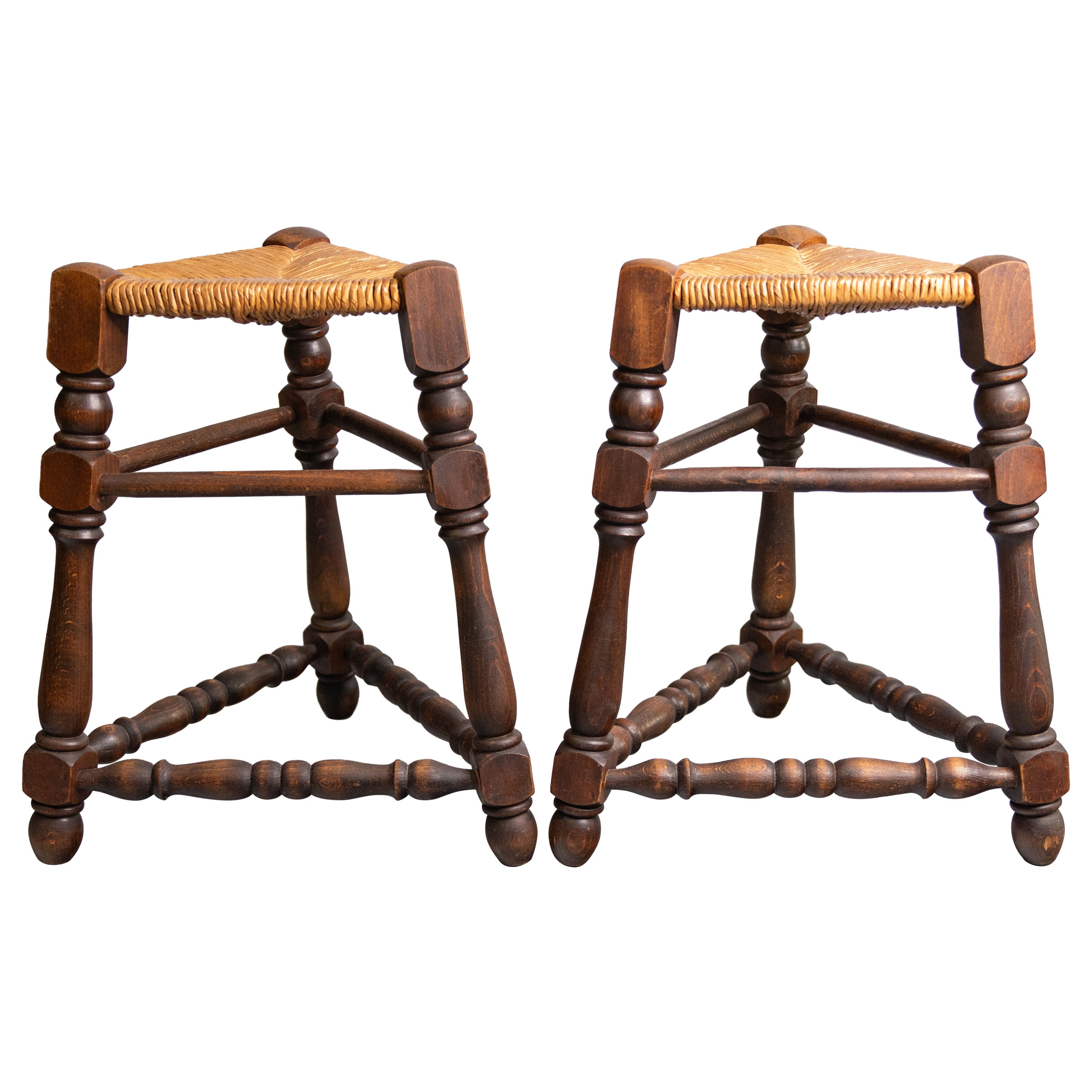 Pair of French Triangular Oak Tripod Stools With Woven Rush Seats, Circa 1900 For Sale