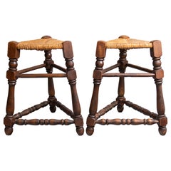 Pair of French Triangular Oak Tripod Stools With Woven Rush Seats, Circa 1900