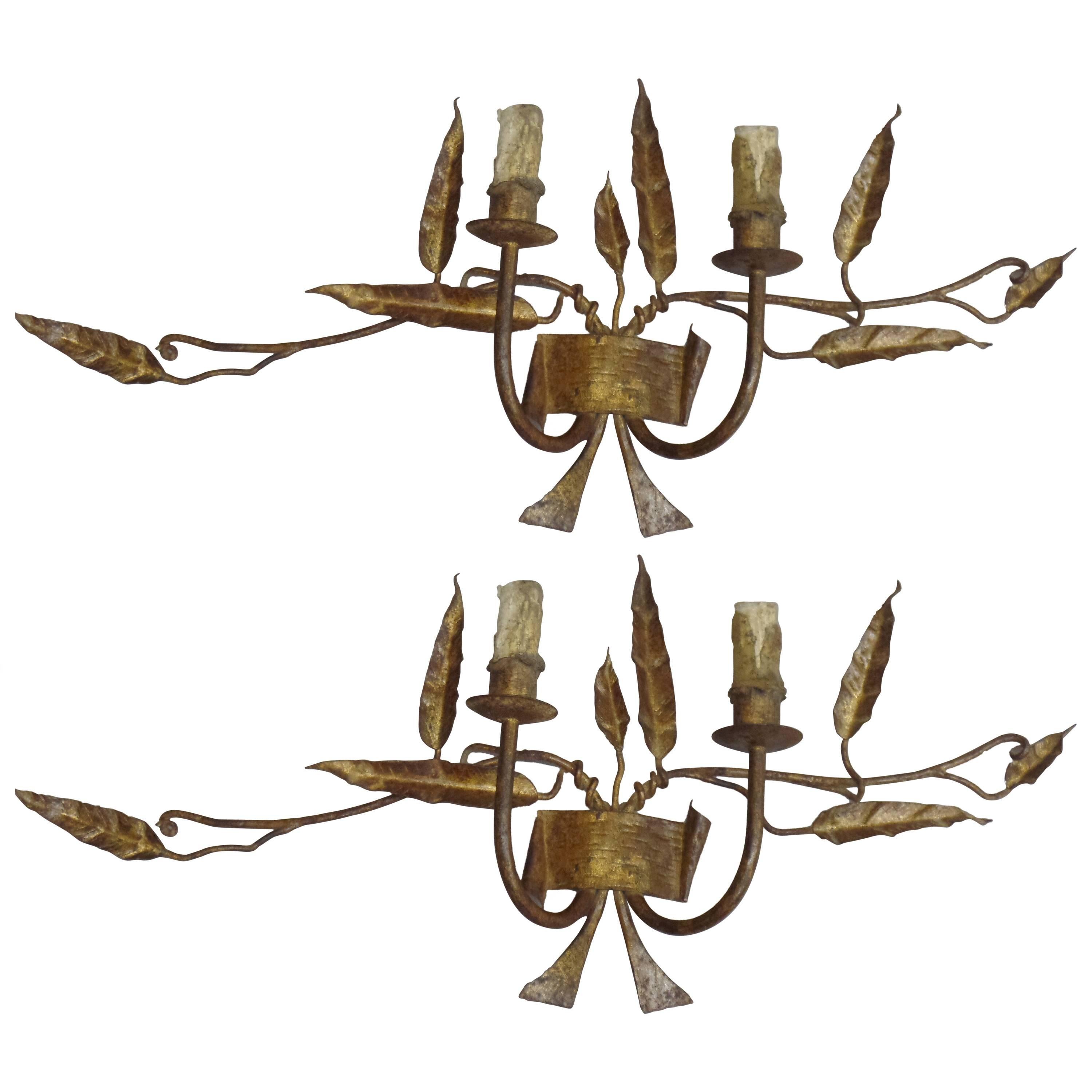 Pair French Mid-Century Handmade and Gilt Wrought Iron Sconces, Poillerat Style