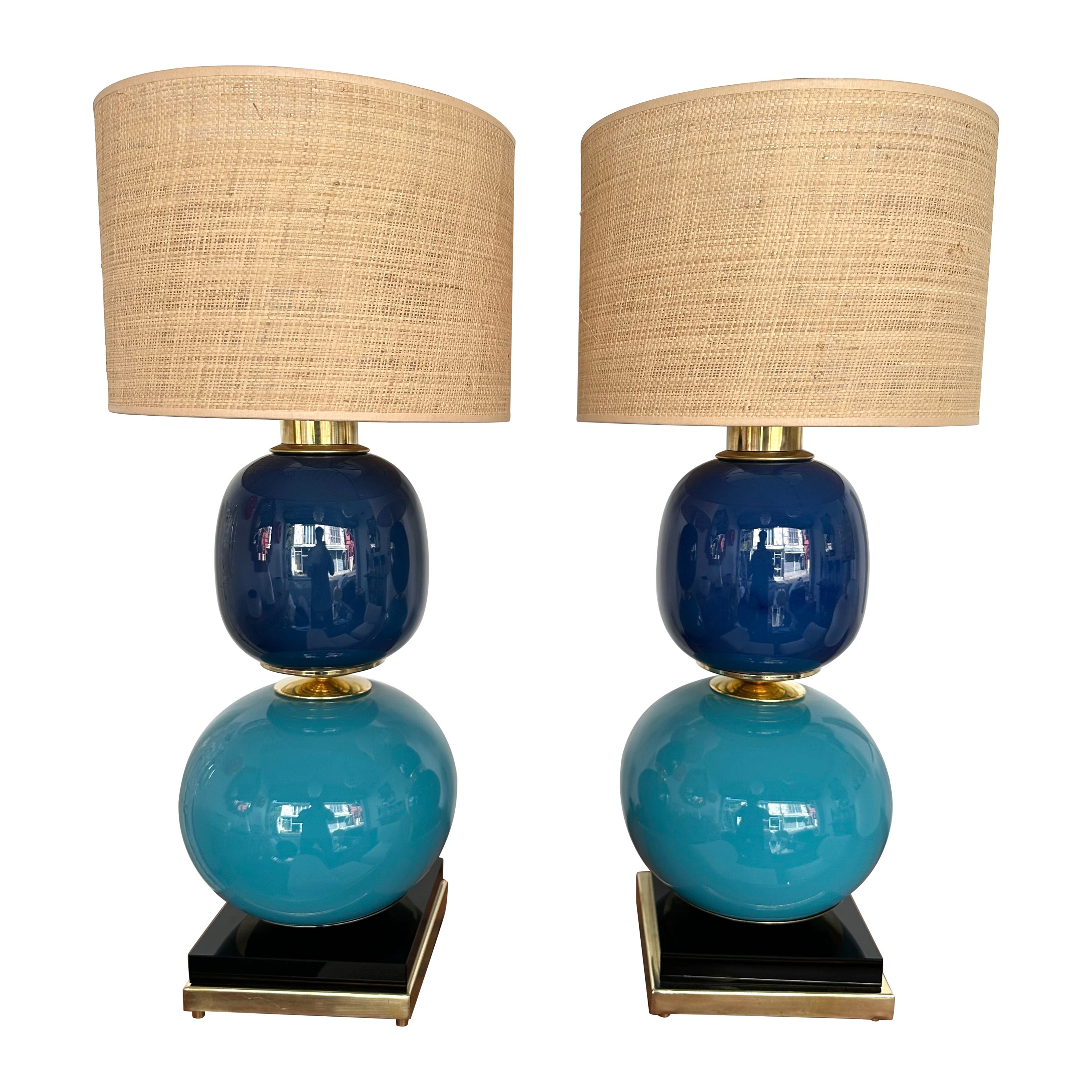 Contemporary Pair of Brass Blue Murano Glass Lamps, Italy