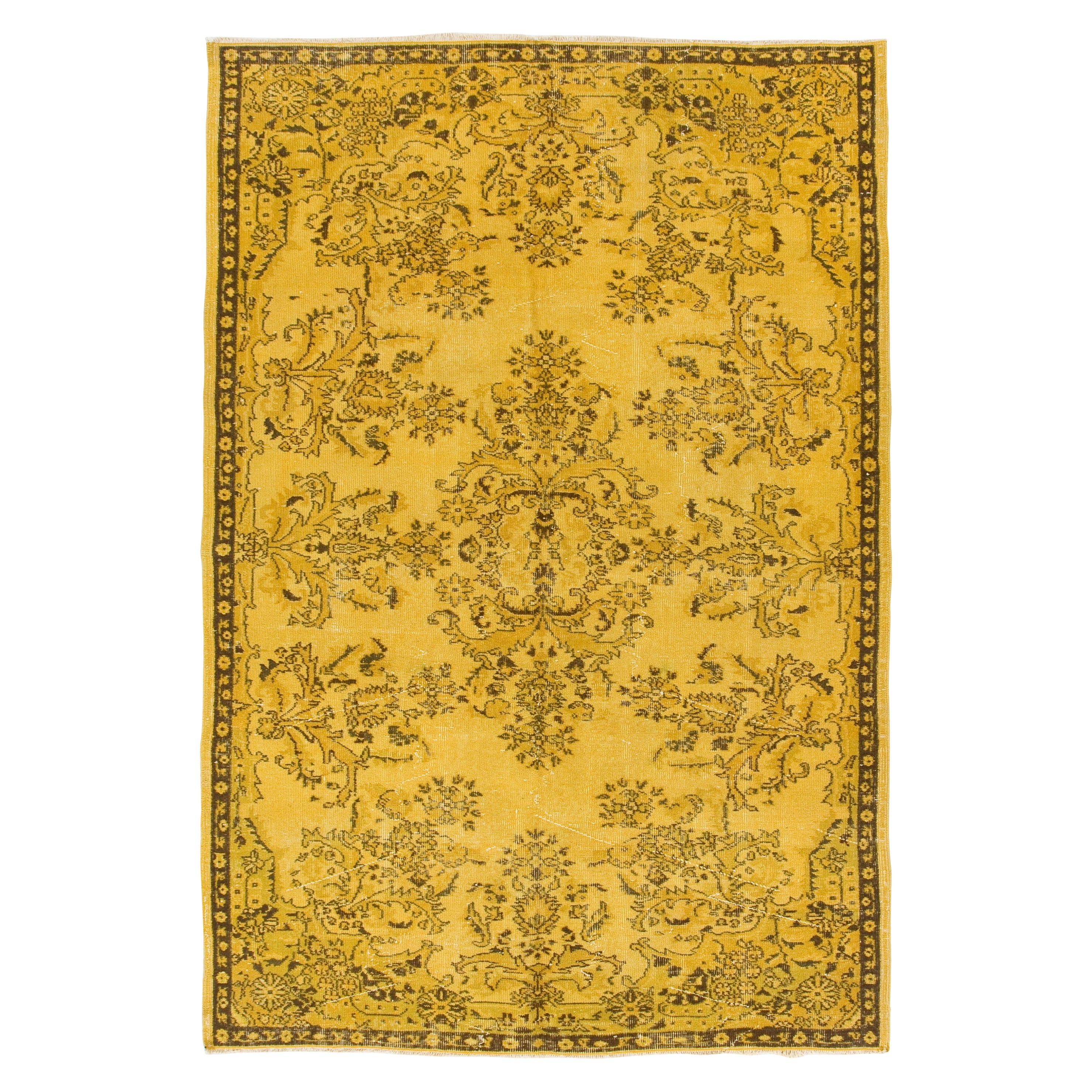 6x8.7 Ft Vintage Handmade Anatolian Rug in Yellow. Floral Garden Design Carpet For Sale