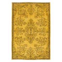 6x8.7 Ft Retro Handmade Anatolian Rug in Yellow. Floral Garden Design Carpet