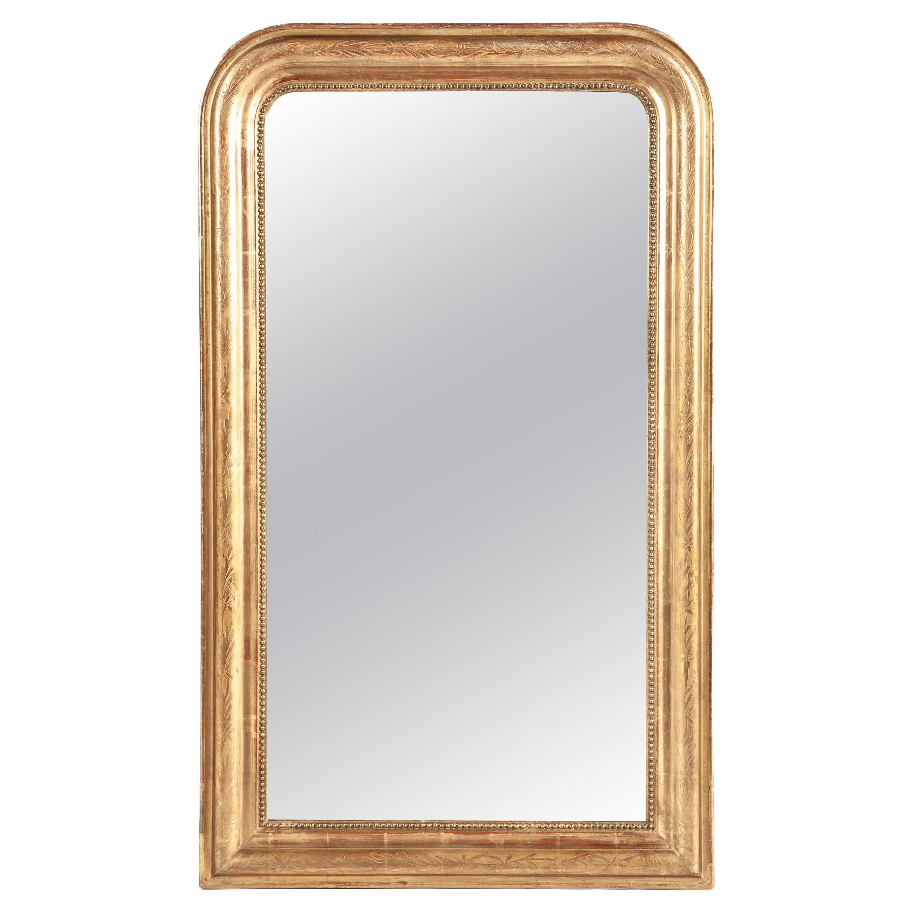 Antique Late 19th-century French gold leaf gilt engraved Louis Philippe mirror For Sale