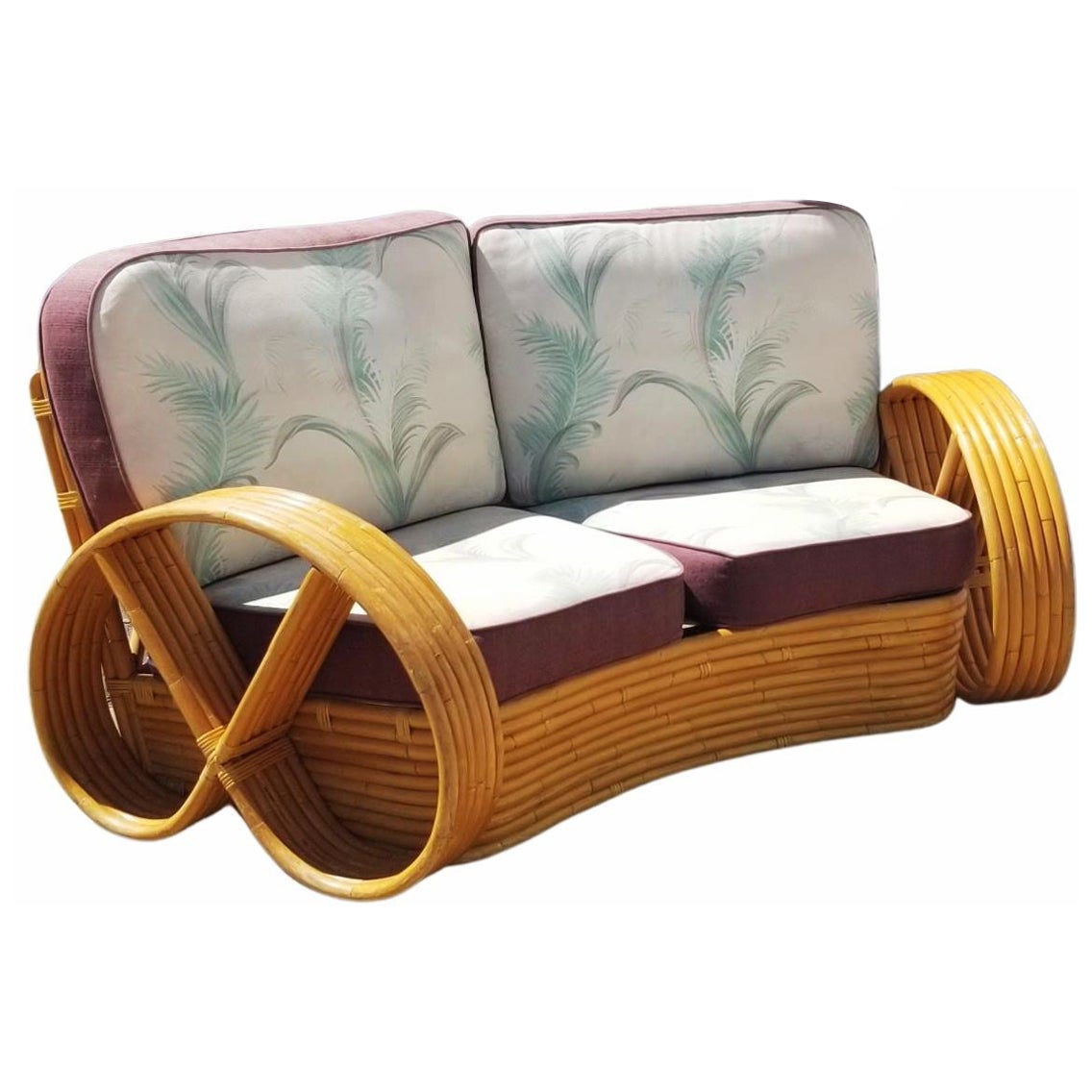 Restored Rattan 6 Strand Full Pretzel Curved Settee, in the style of Paul Frankl For Sale