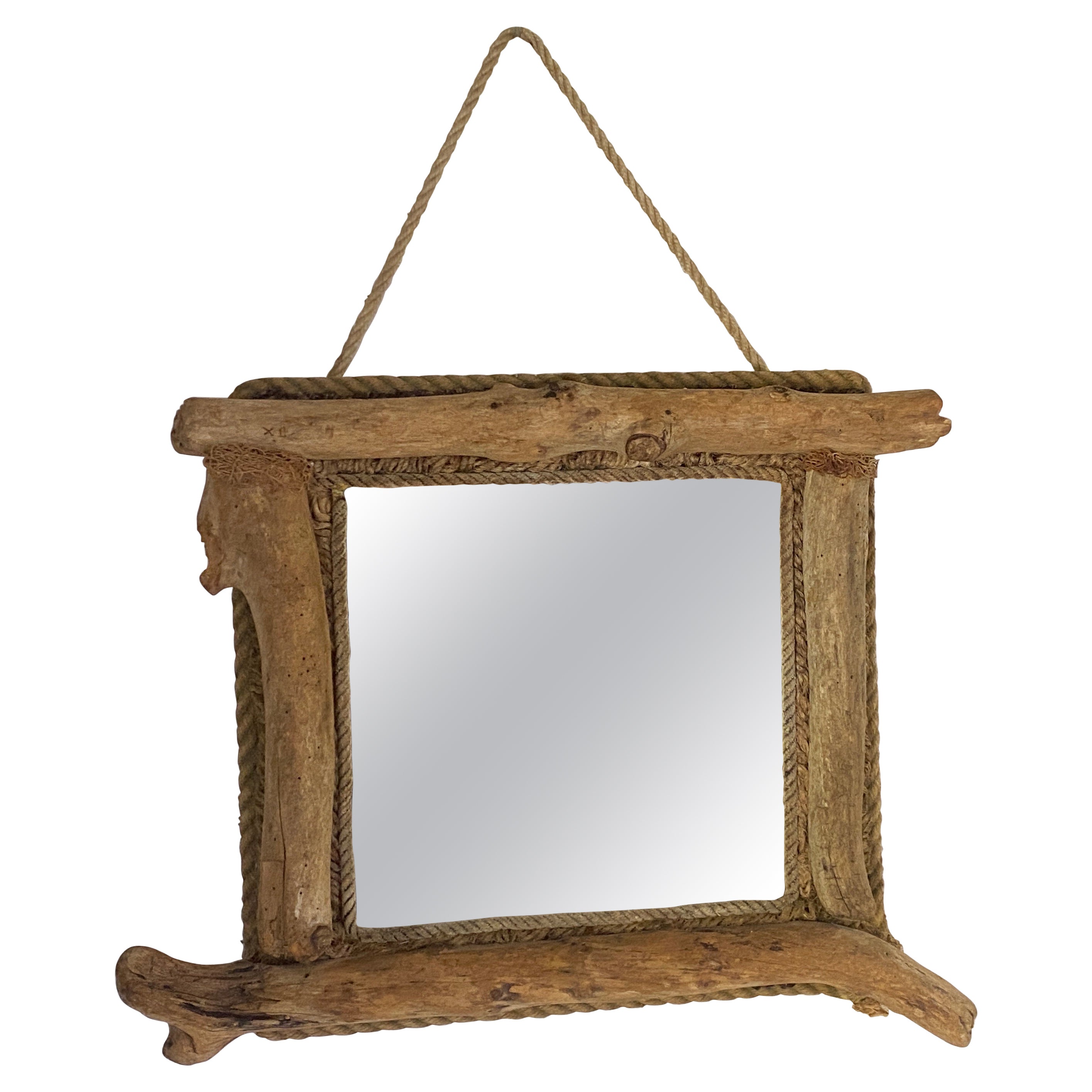 Driftwood and Rope mirror unique piece Made in France circa 1970 Grey color  For Sale